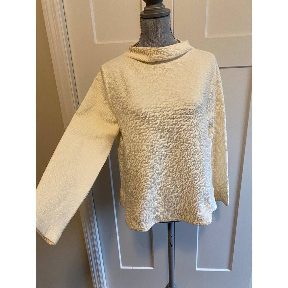 Eileen Fisher Textured Mock Neck Top Cream PM Cotton Crinkled Funnel s58
